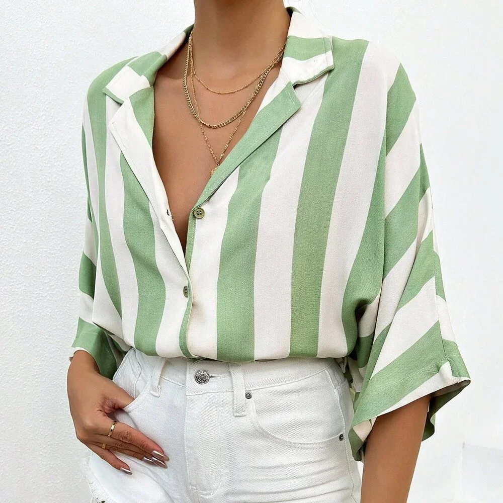 Green Casual Women's Batwing Sleeve Striped Shirt - Picture 4 of 6